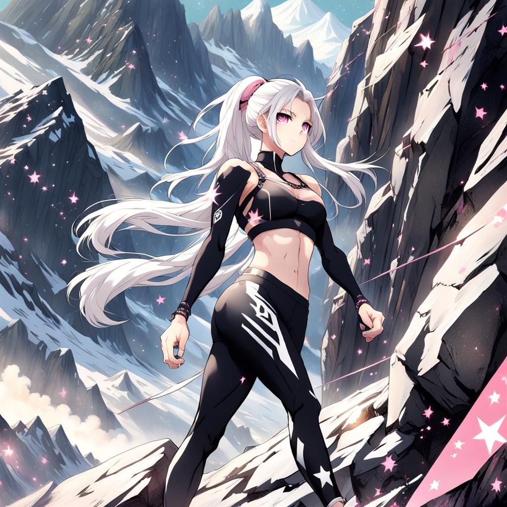 Muscular Anime Girl Climbing Mountain in Manga Style