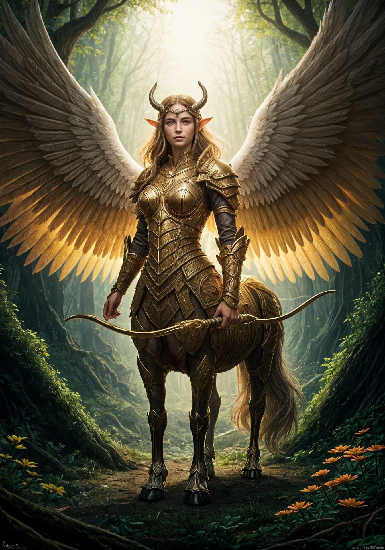Elf Centaur with Angel Wings in Enchanted Forest
