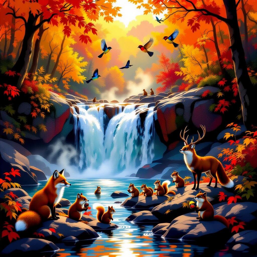 Autumn Waterfall Over Glowing Amber and Ruby Rocks