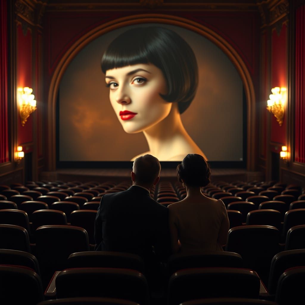 Elegant Couple Enjoys Classic Cinema in Warm Evening Ambianc...