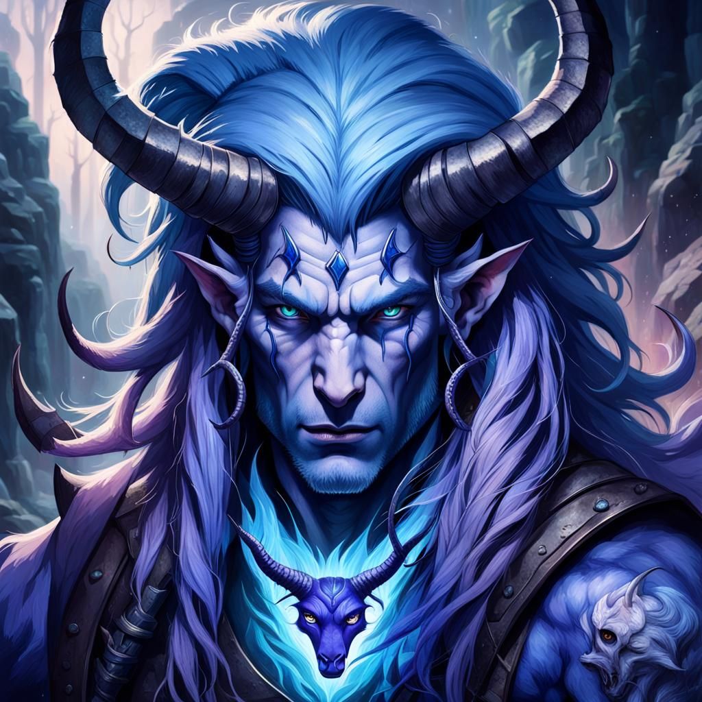 Handsome Blue-Haired Tiefling Portrait in Misty Cave