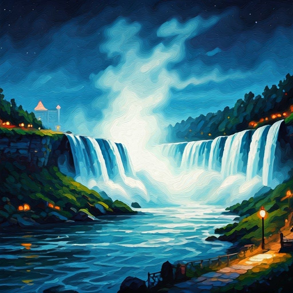 An epic view of Niagara Falls seen at night