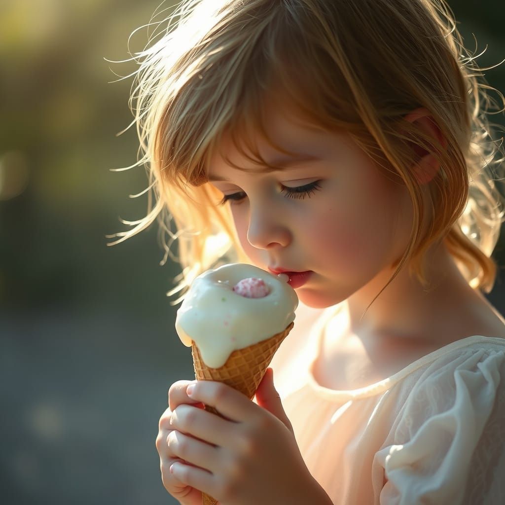 Ethereal Girl with Ice Cream Cone in Dreamlike Soft Focus