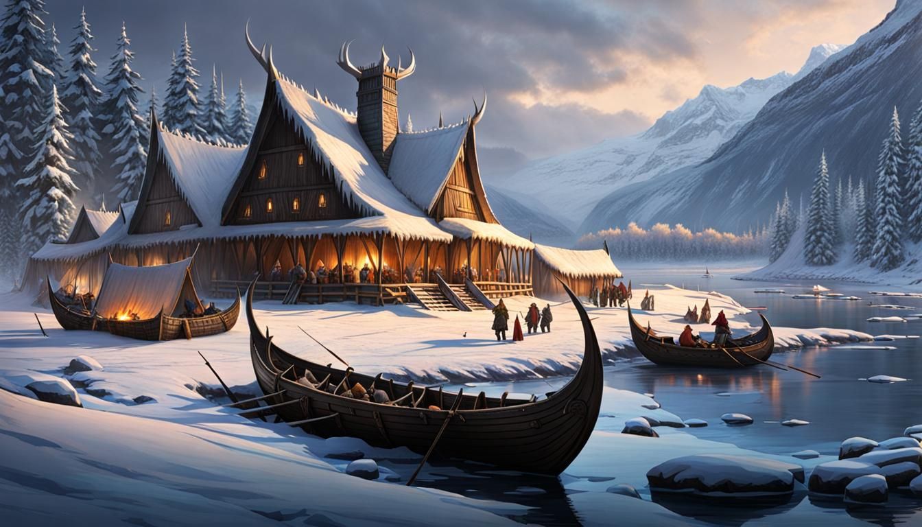 Viking Fort on Frozen River with Elk