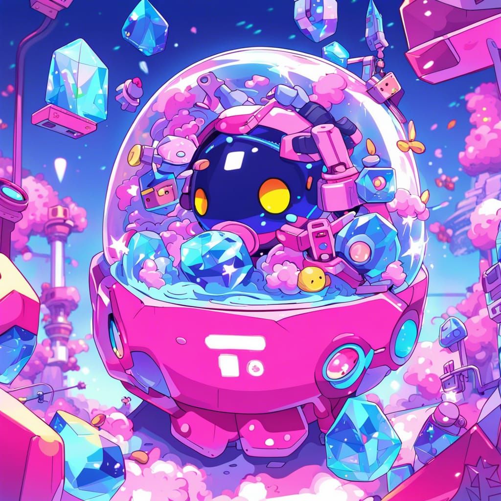 Neon Crystal World: Tamagotchi Mech Unit in Anime Style