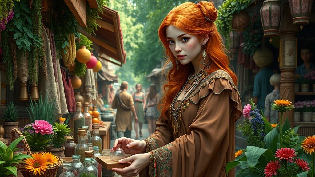 Whimsical Shaman Girl in Art Nouveau Fantasy Market
