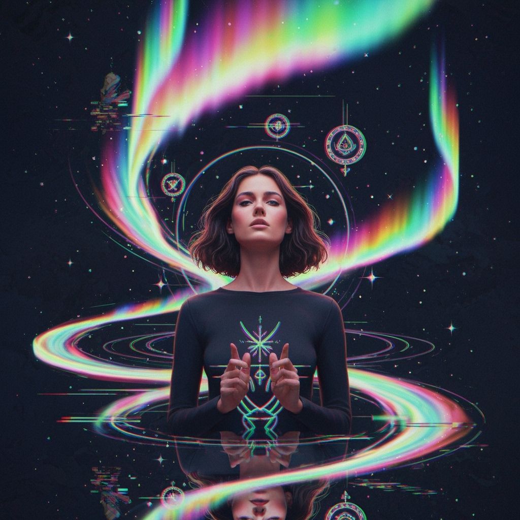 Woman Embracing Reincarnation Amidst Glitch Art Auroras