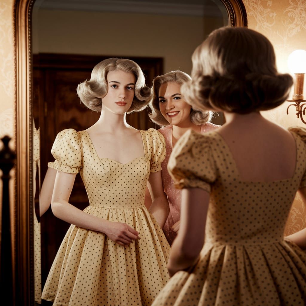 Young Person in Minidress Gazes at Reflection