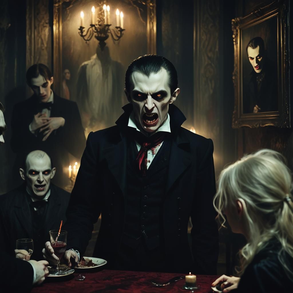 Gothic Vampire Hosts Guests in Expressionist Style