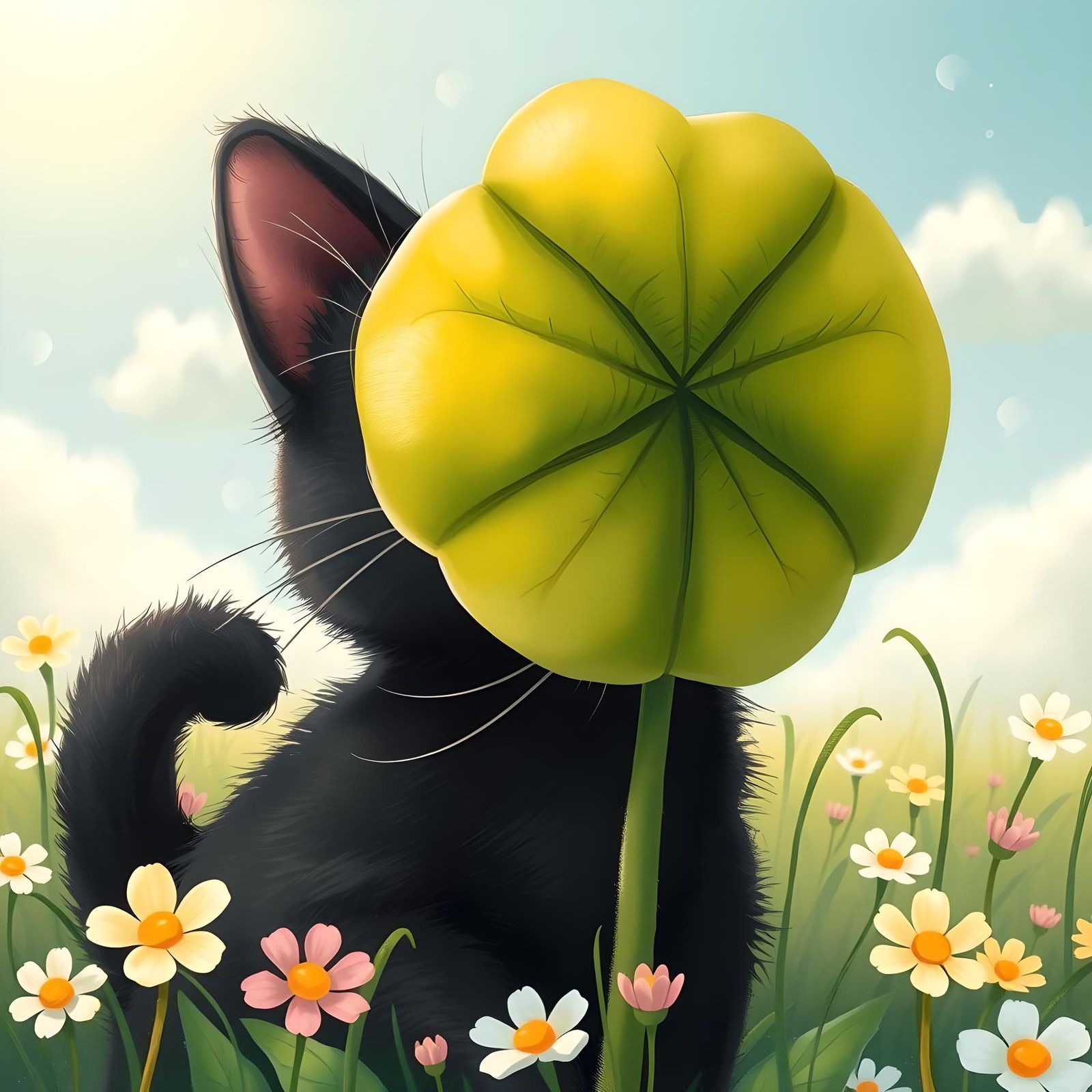 Black Cat in Clover Meadow, Whimsical Art