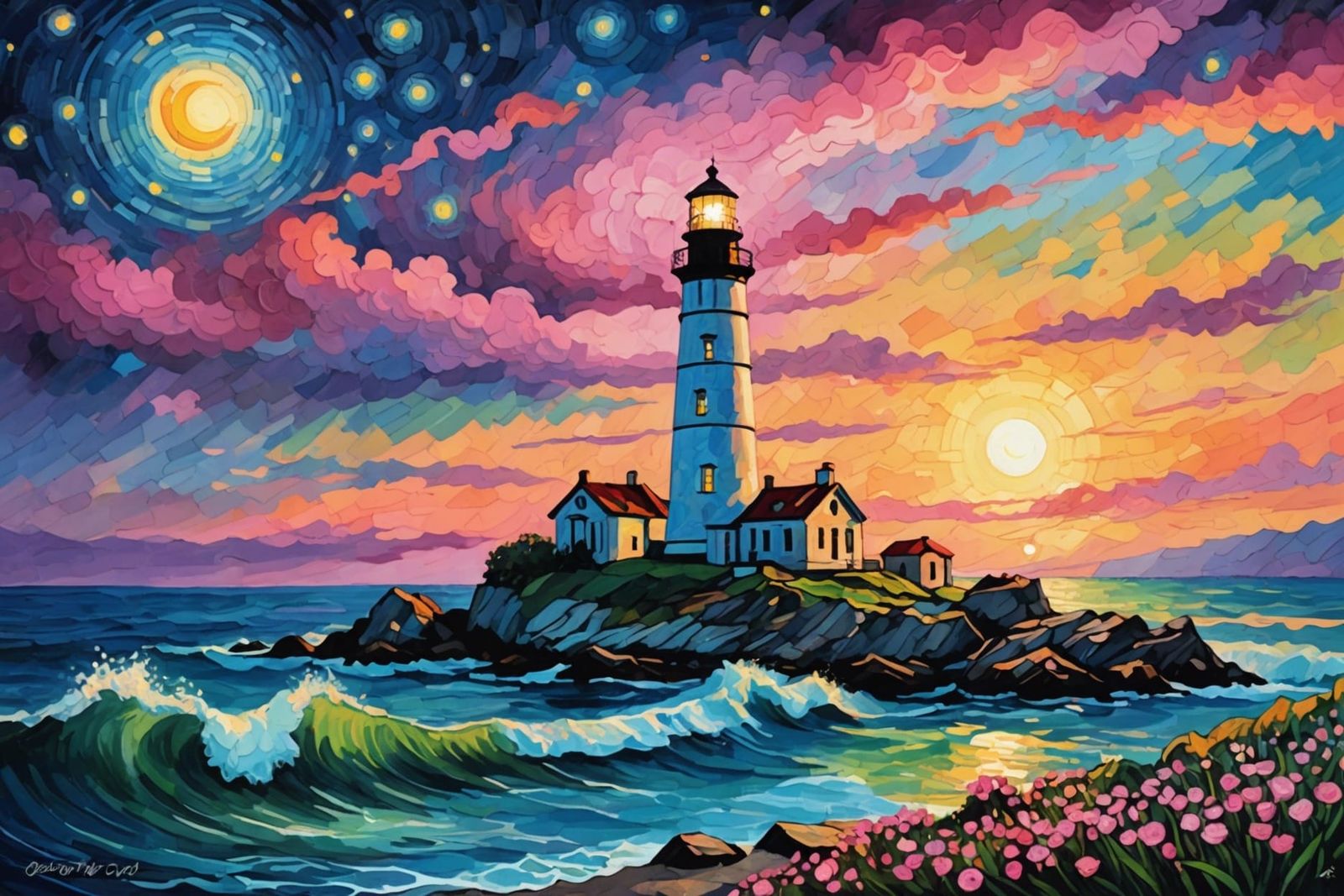 Lighthouse and Sea Pink Flowers in Gothic Starry Night
