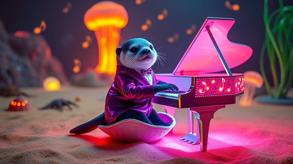 Vibrant Sea Otter Plays Grand Piano on Volcanic Seafloor