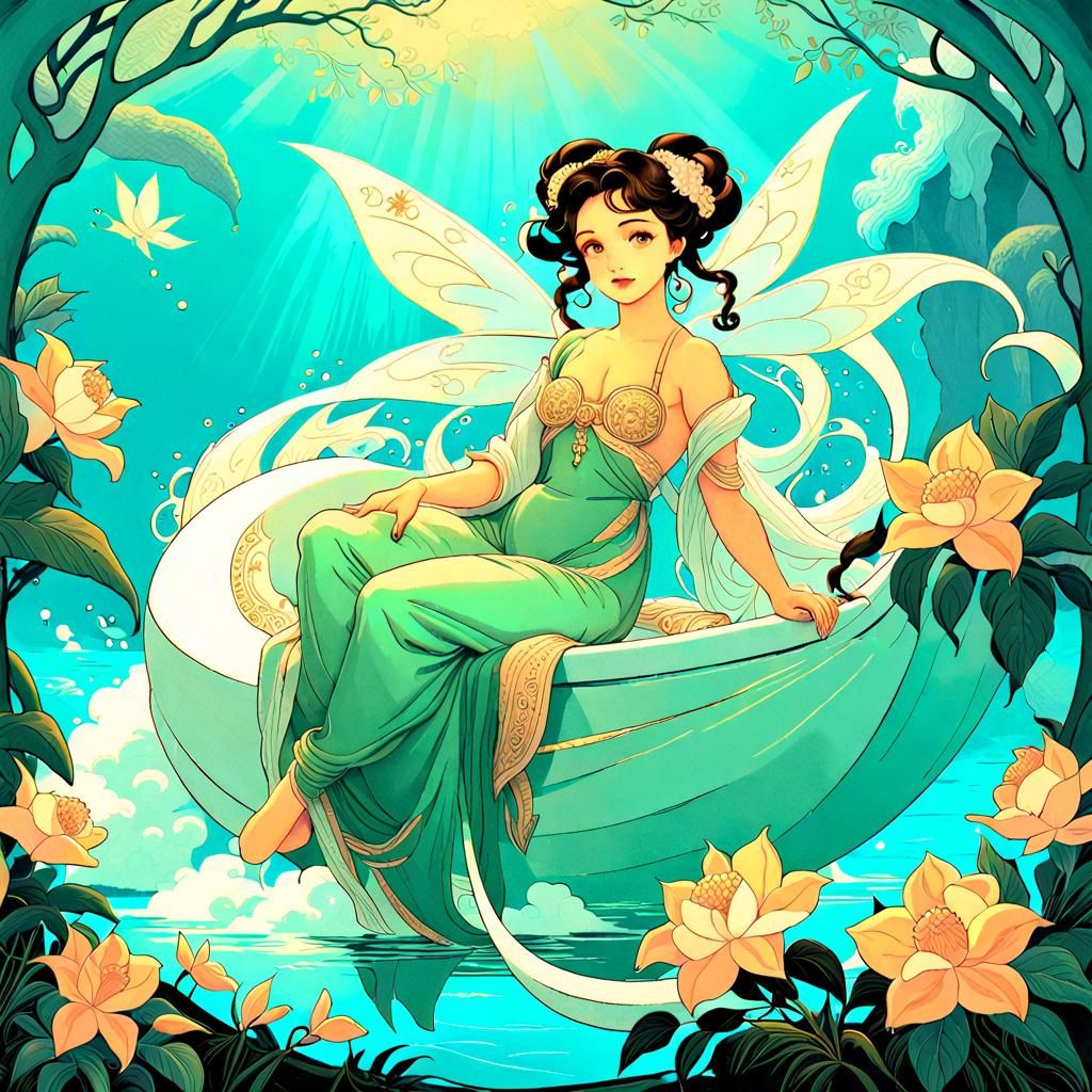 Lush Jungle with Exotic Wildlife in Art Nouveau Style