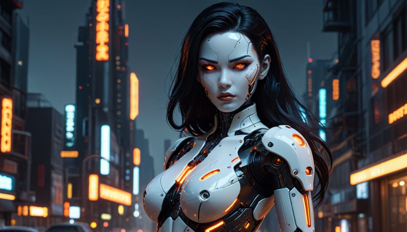 Cyberpunk Gynoid with Neon Cityscape Background