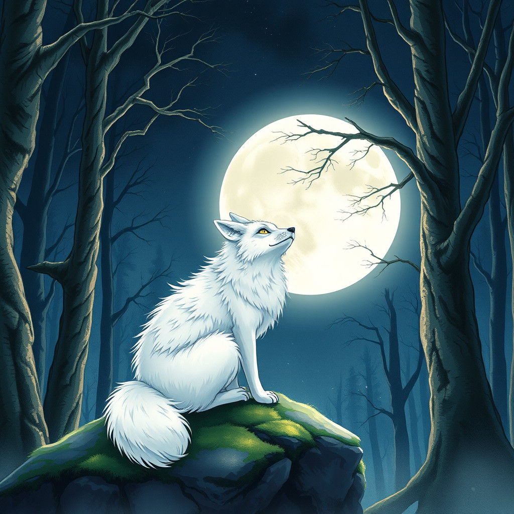 White Fox Gazing at Moon, Anime Style
