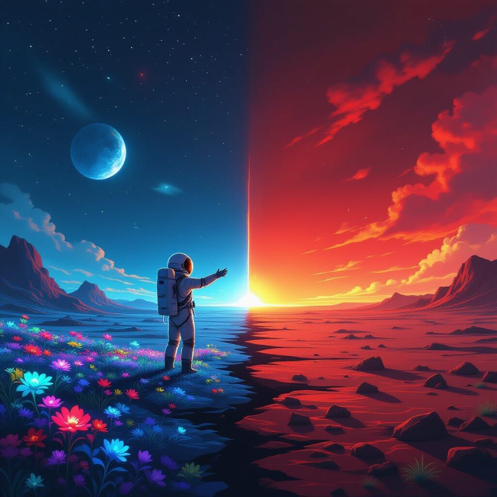 Astronaut on Divided World, Ethereal Art Style