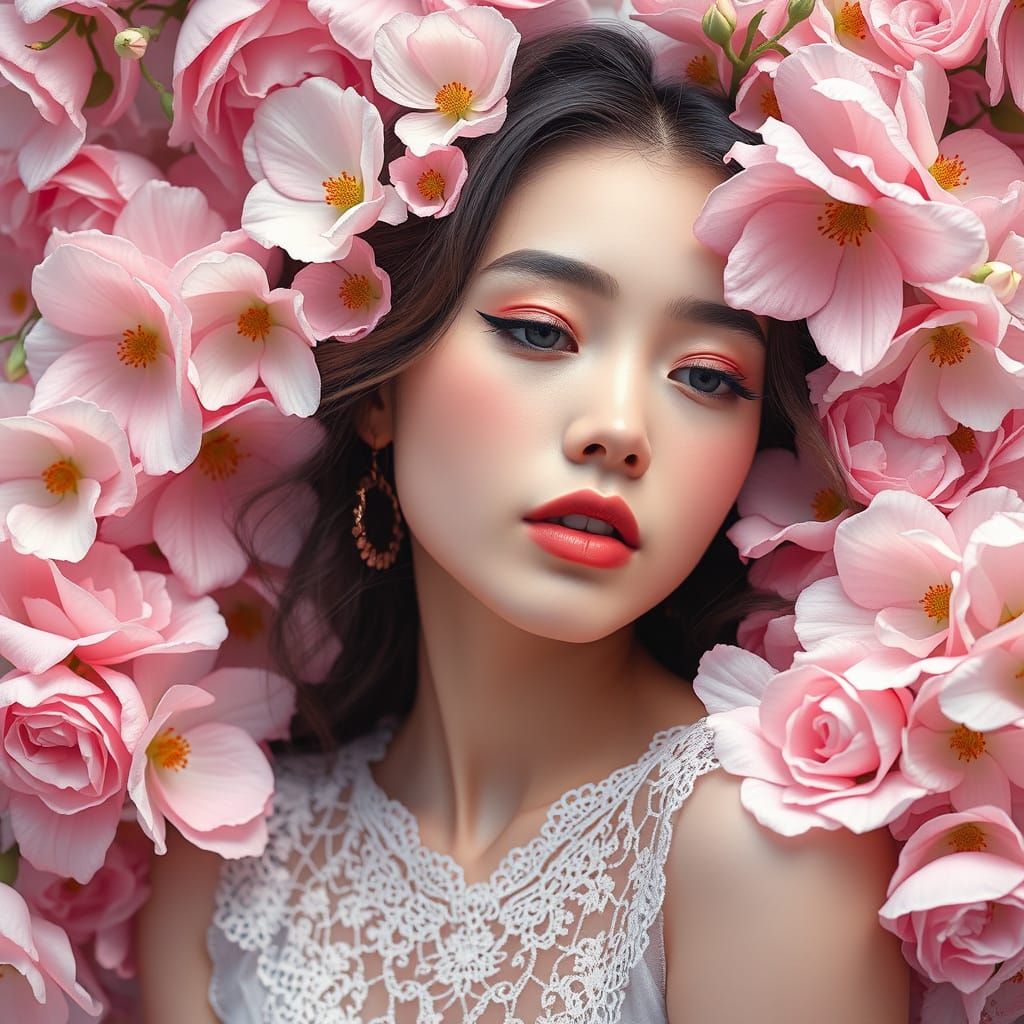 Woman in Kawaii Art Surrounded by Pastel Flowers