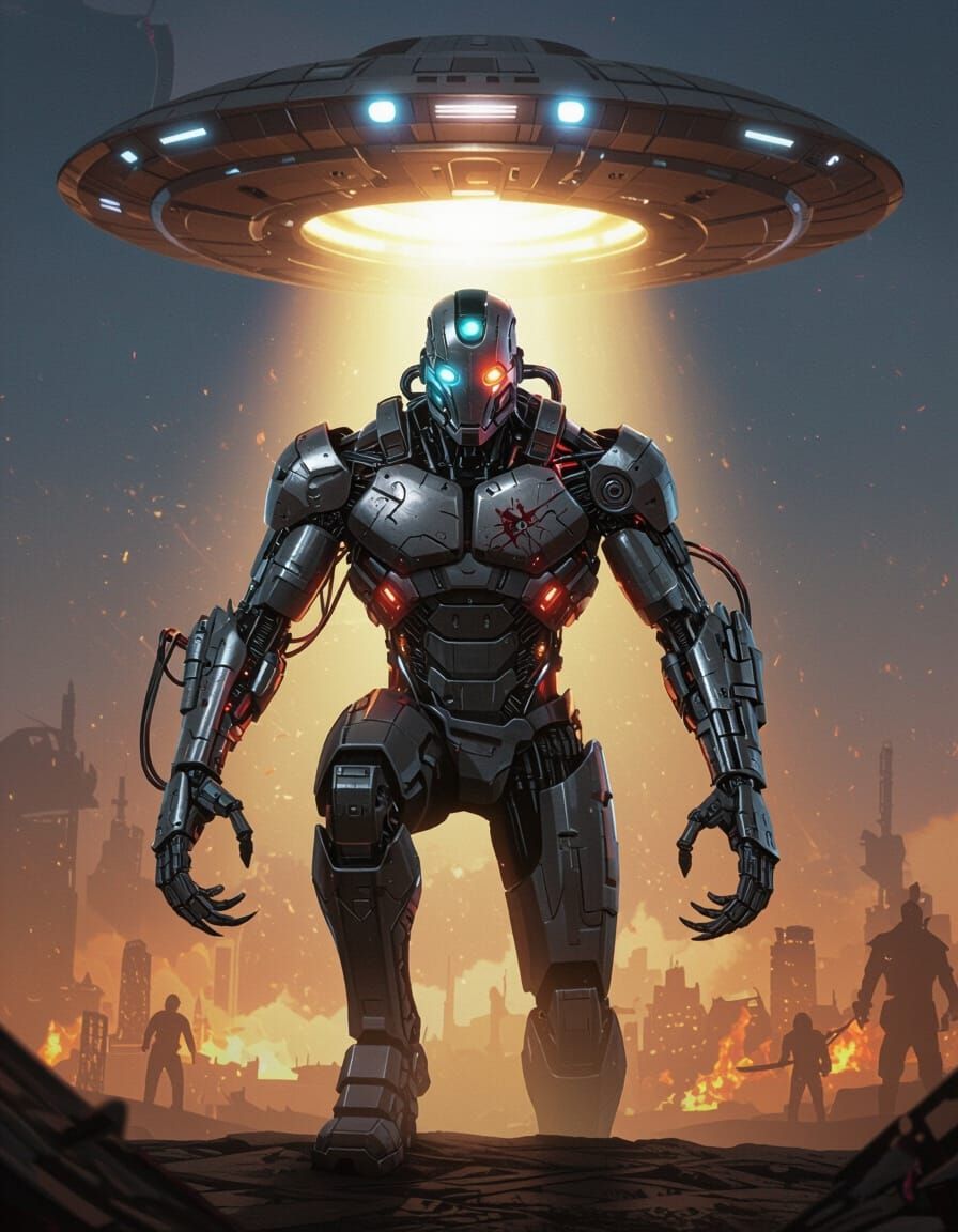 Heroic Cyborg Warrior Descends From Spaceship