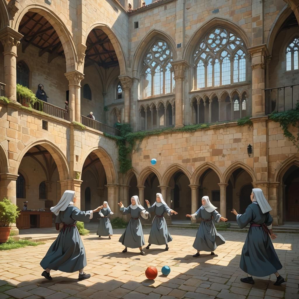 Nuns Playing Ball in Medieval Cloister, Anime Style