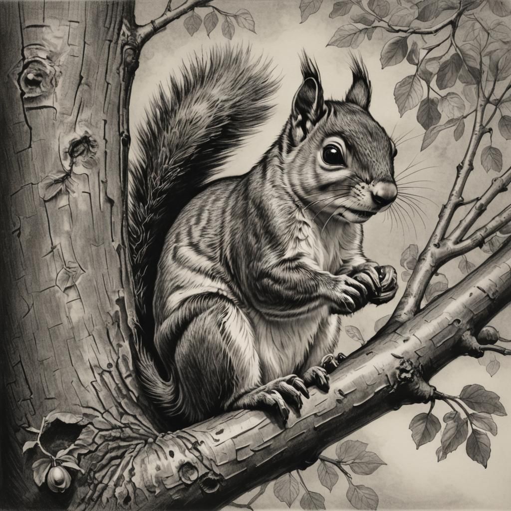 Engravable Squirrel Charcoal Drawing in Black and White