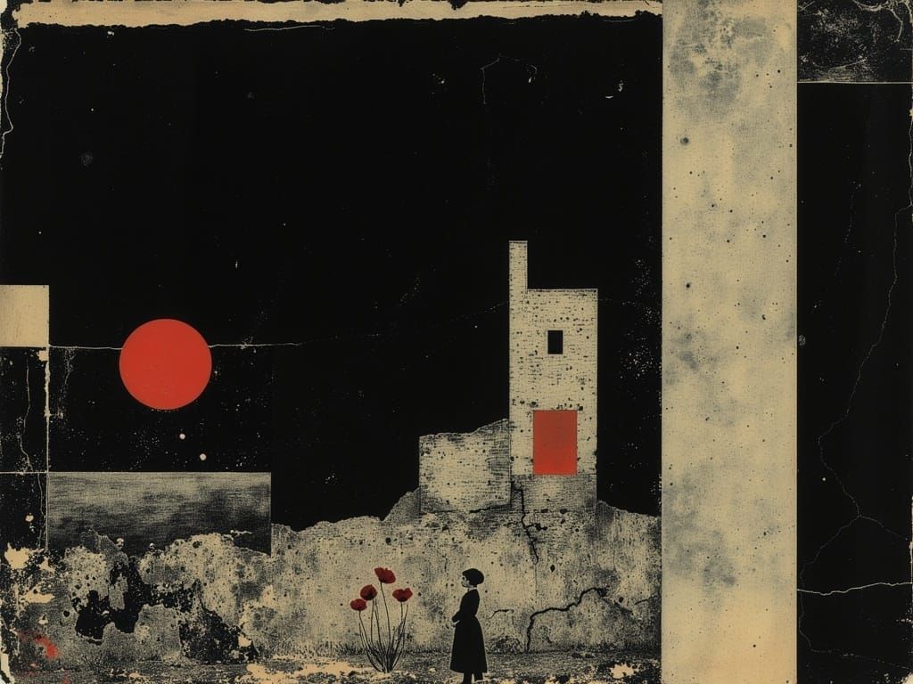 Surreal Sunset Landscape with Quiet Strength and Poppy Flowe...