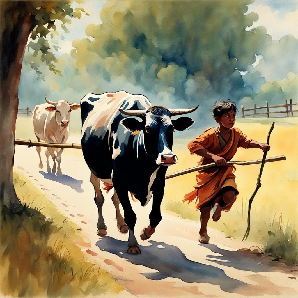 Indian Cowherd Boy in Gouache Style
