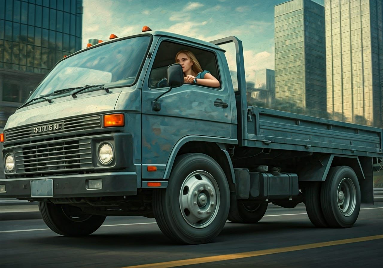Beautiful Girl Drives Flatbed Truck: Oil Painting