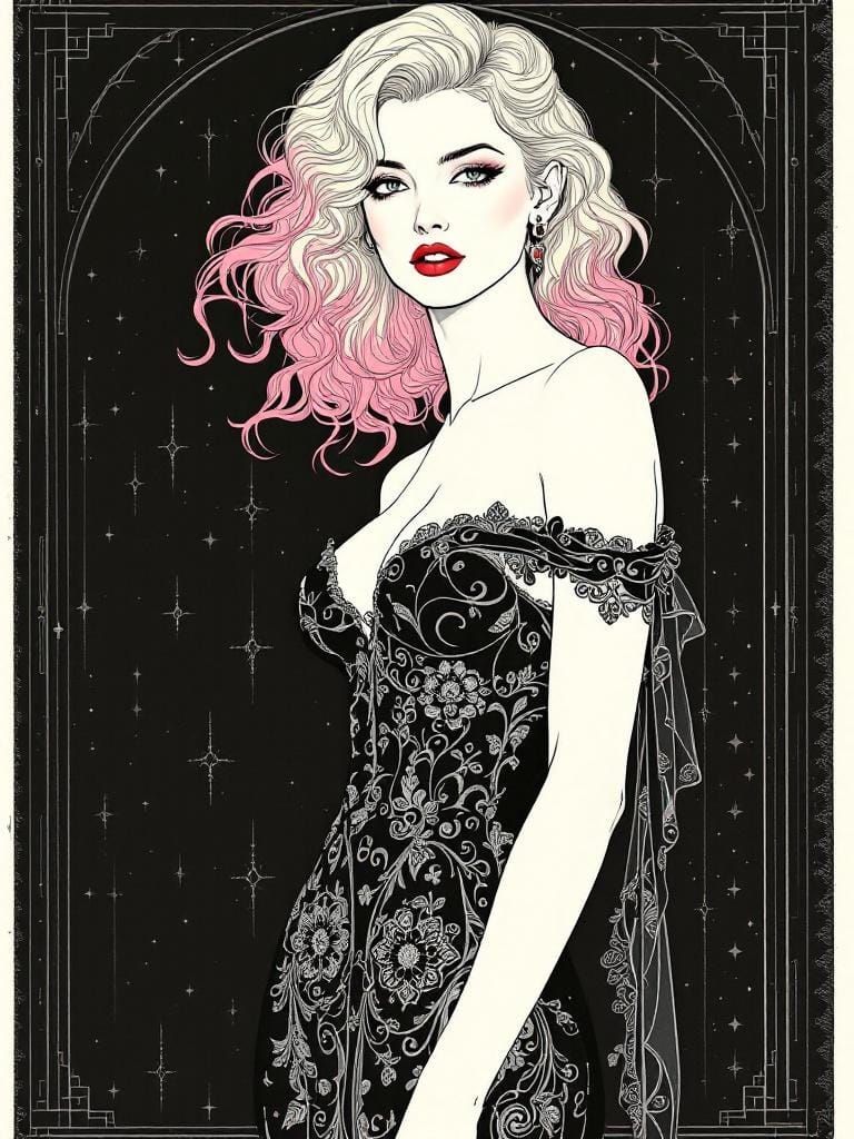 Elegant Pin-Up in Beardsley and Ingres Style