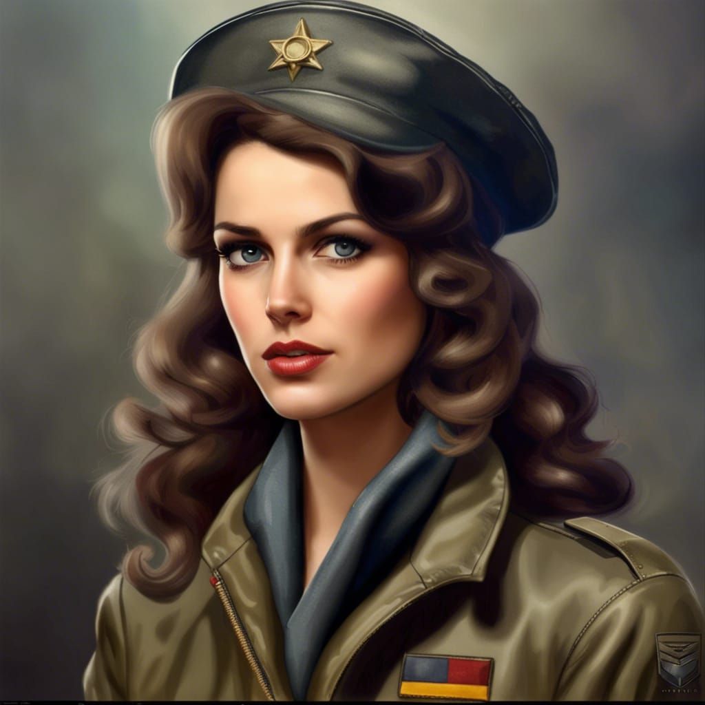 Brunette Supermodel as WWII Pilot on Airfield