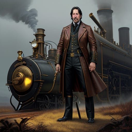 Steampunk Keanu Reeves Stands Before a Majestic Steam-Powere...