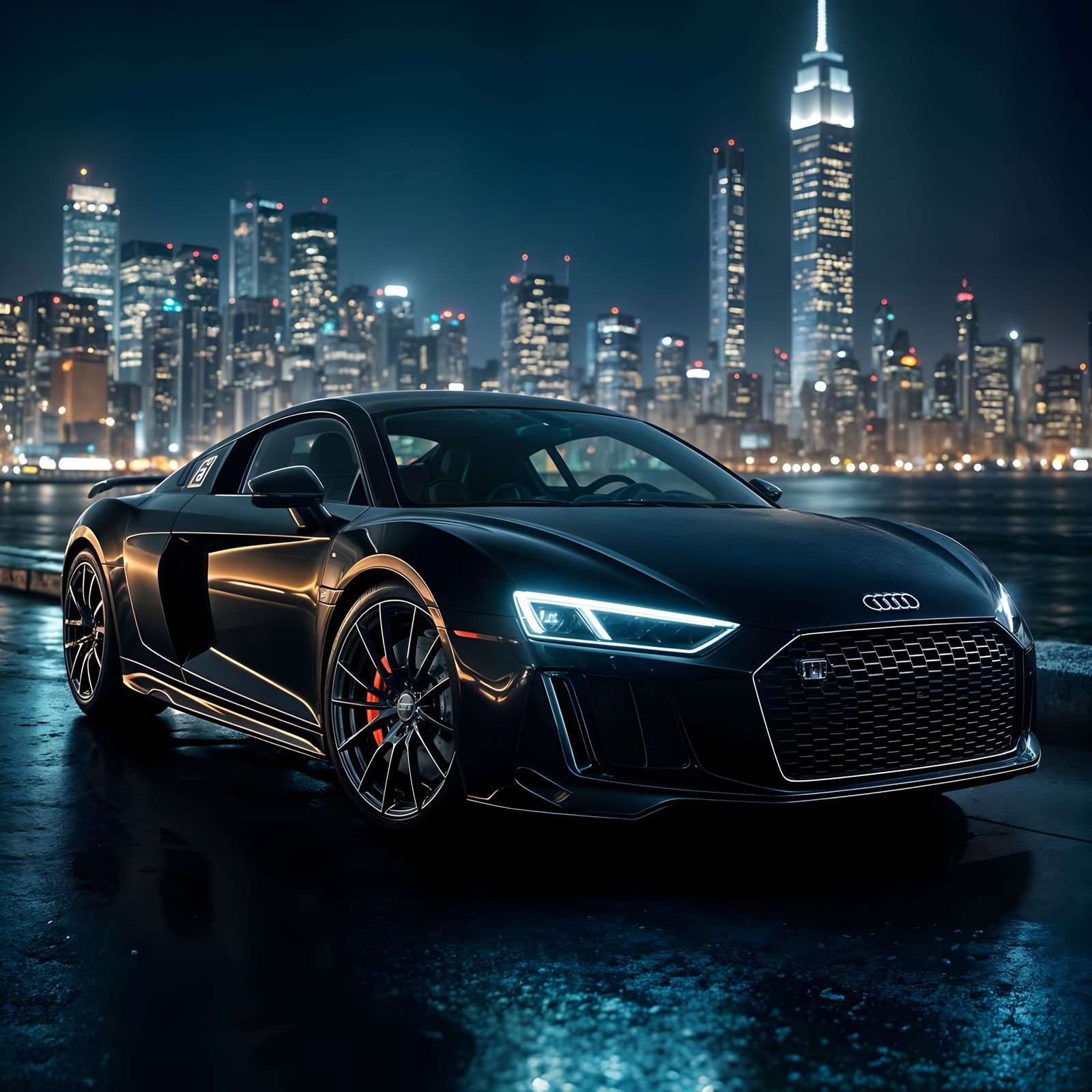Aggressive Black Audi R8 with Neon New York Backdrop