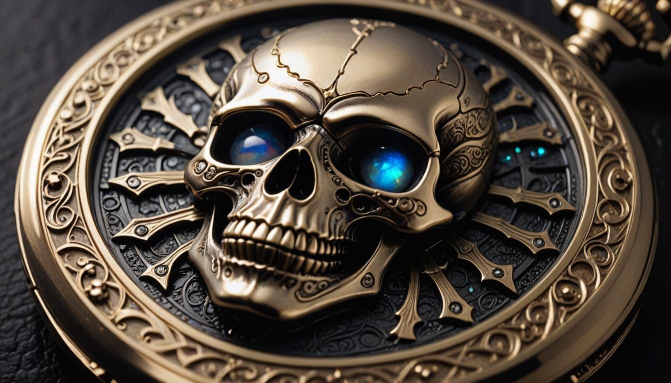 Gothic Steampunk Skull Pocket Watch in Platinum with Opals