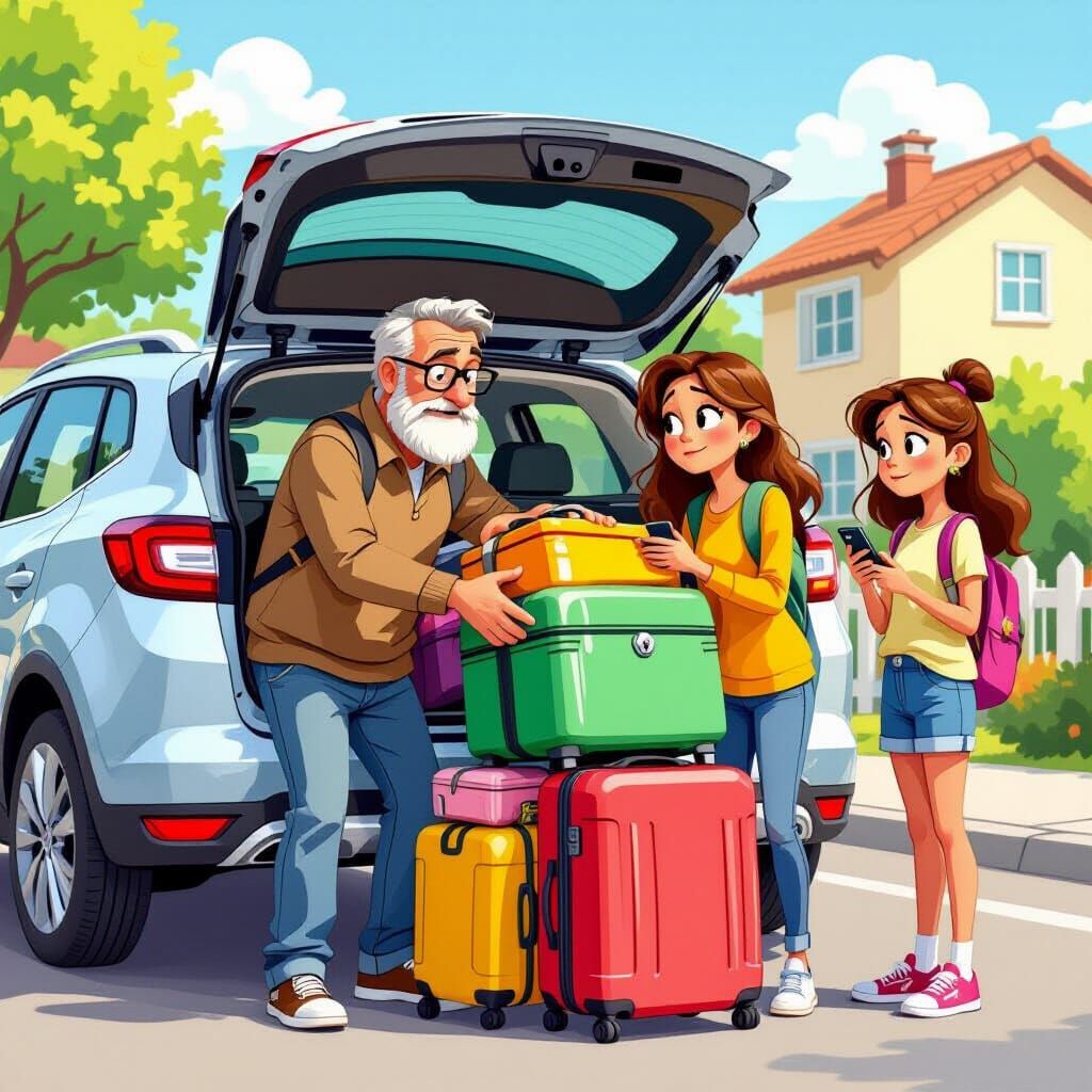 Humorous Family Luggage Packing in Pixar Style