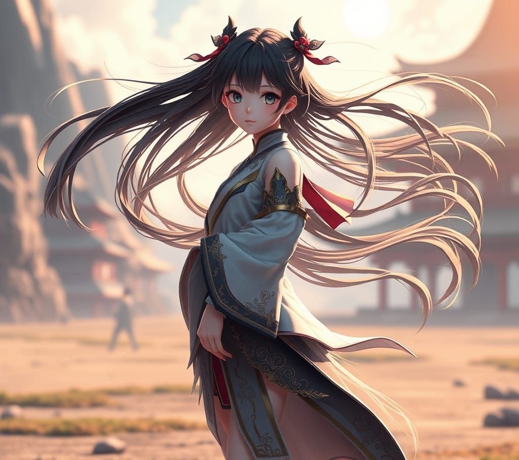Girl with Wind-Blown Hair in Anime Style