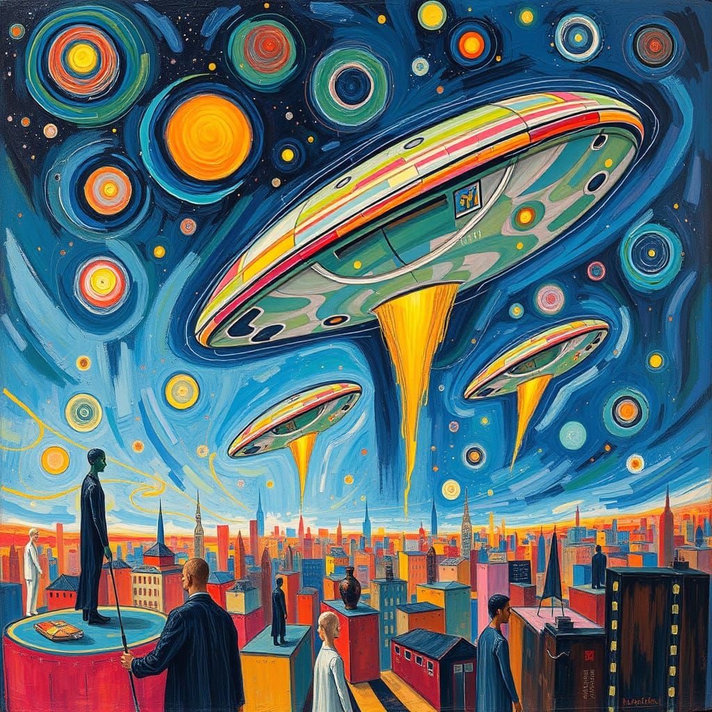 Cityscape Under Alien Invasion: Expressionist Painting