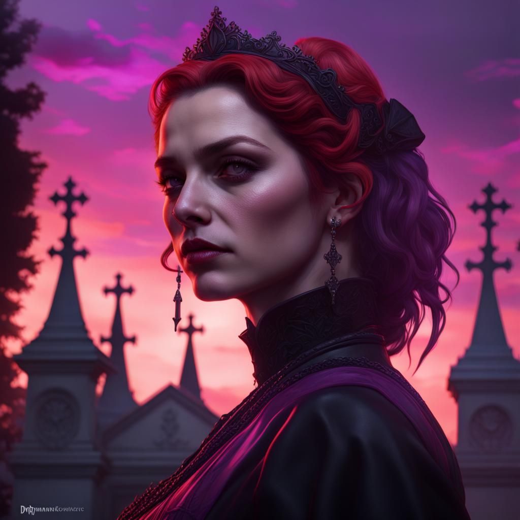 Elizabeth Bathory Portrait in Cemetery with Red Sky