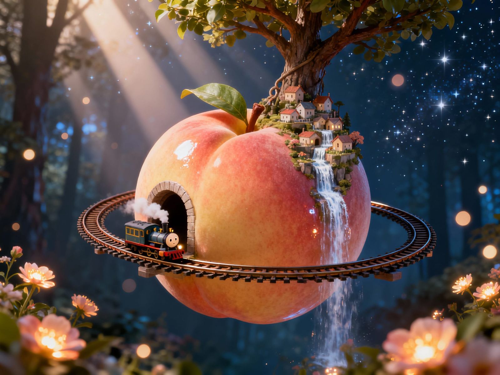 Shiny Peach with Train Tracks and Miniature Village