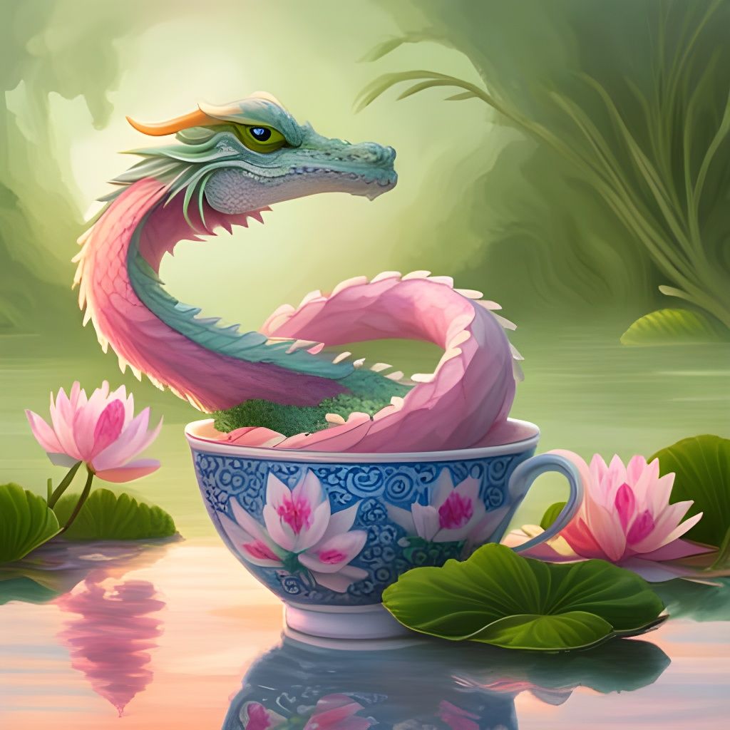 Lily the dragon having tea