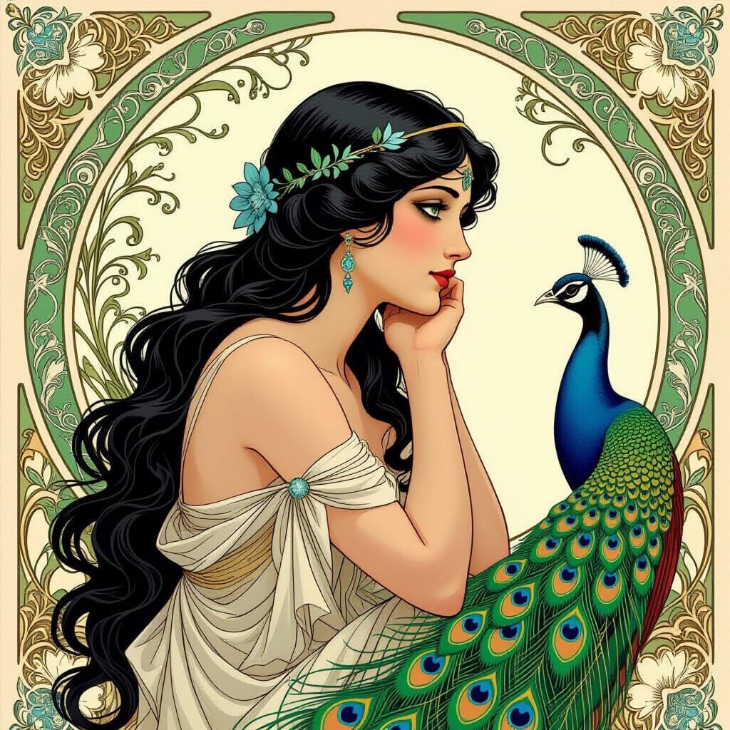 Art Nouveau Aphrodite with Peacock Painting
