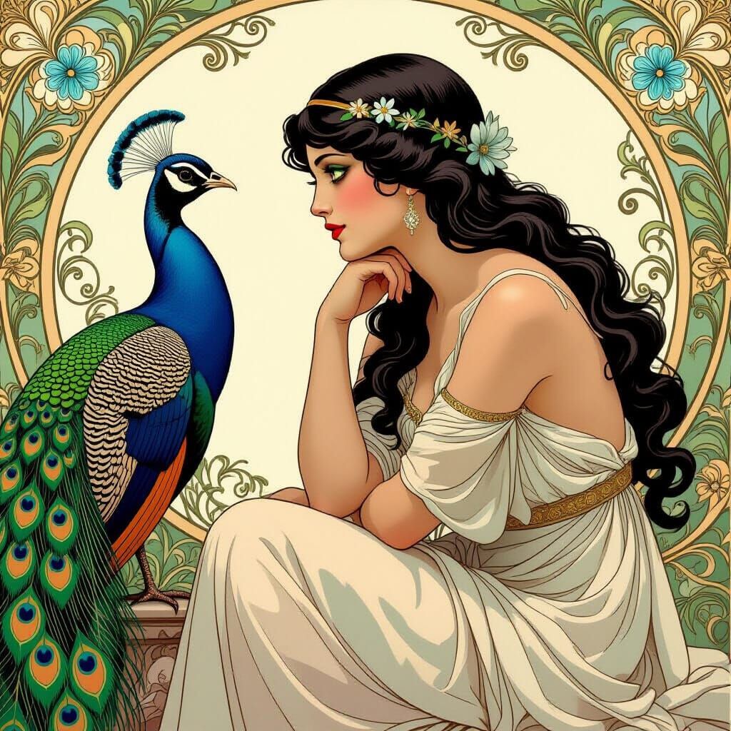 Art Nouveau Aphrodite with Peacock, Painterly Style