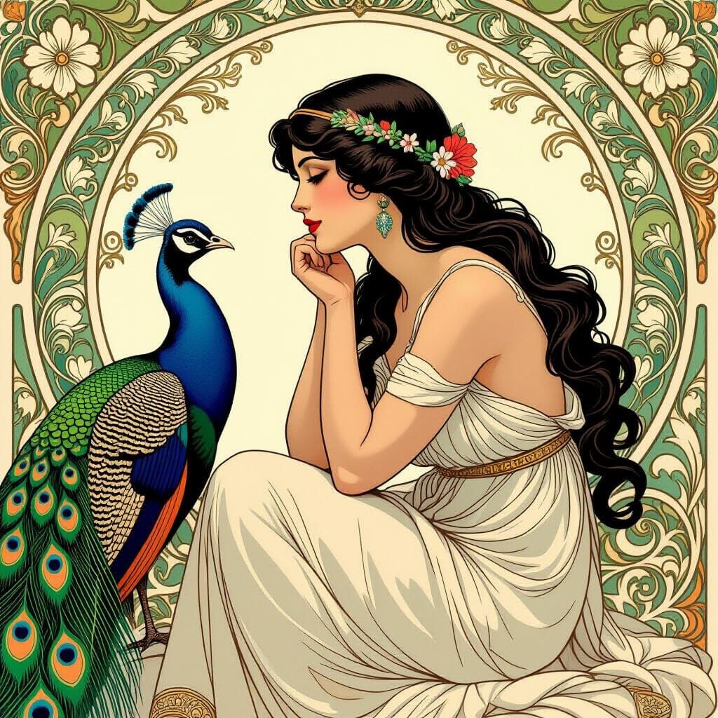 Art Nouveau Aphrodite with Peacock, Elegant Illustration
