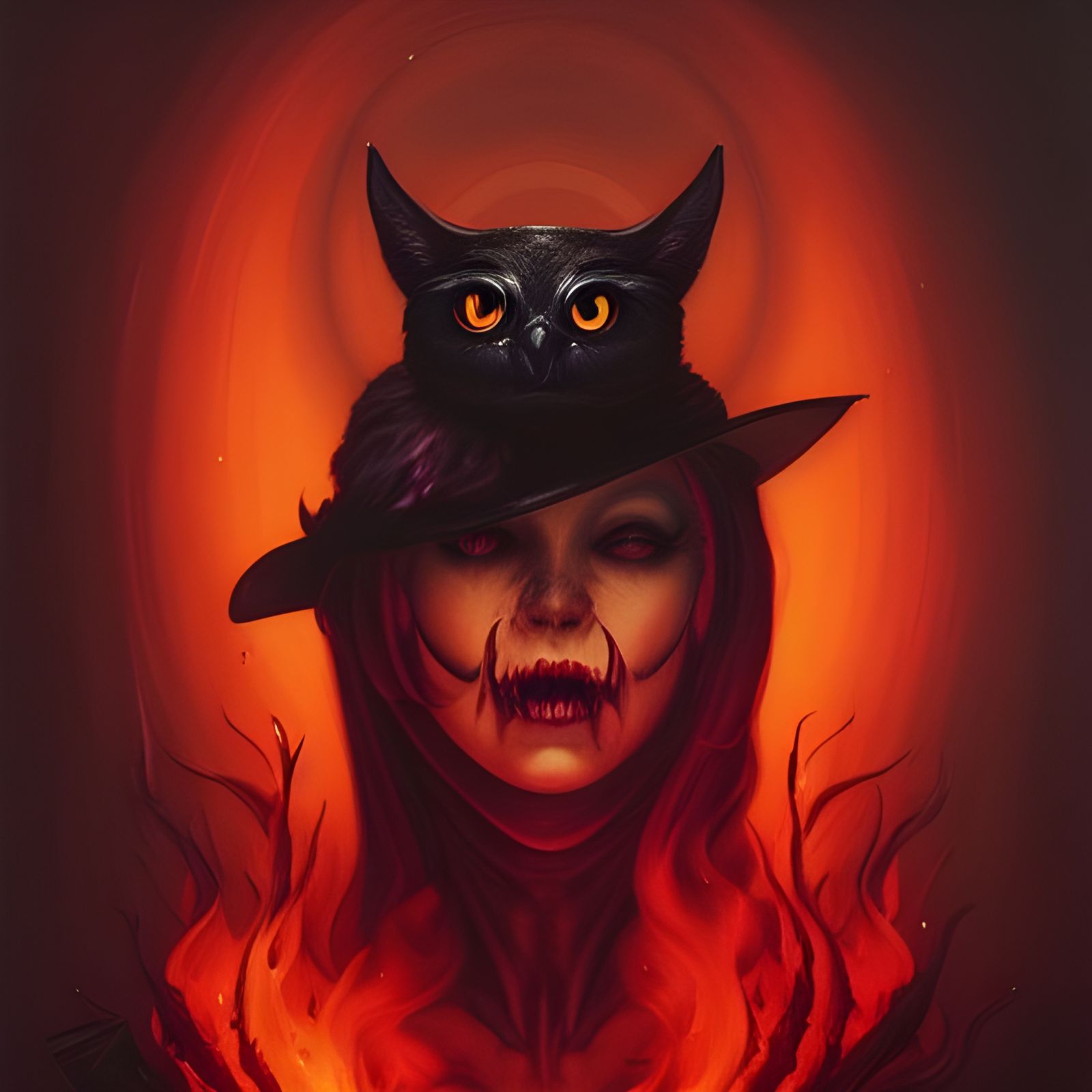 Sinister Witch with Cats and Owl