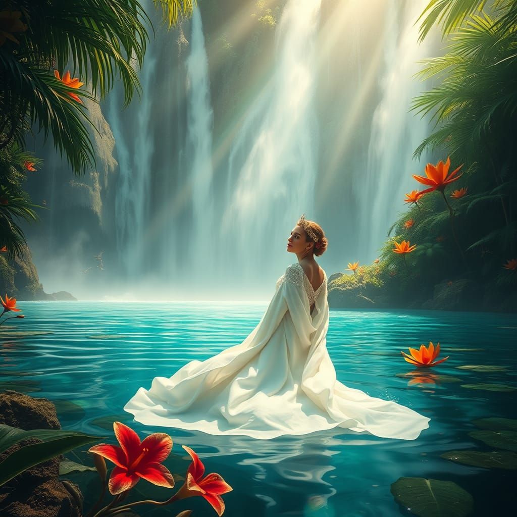 Woman in Tropical Waterfall, Surreal Landscape