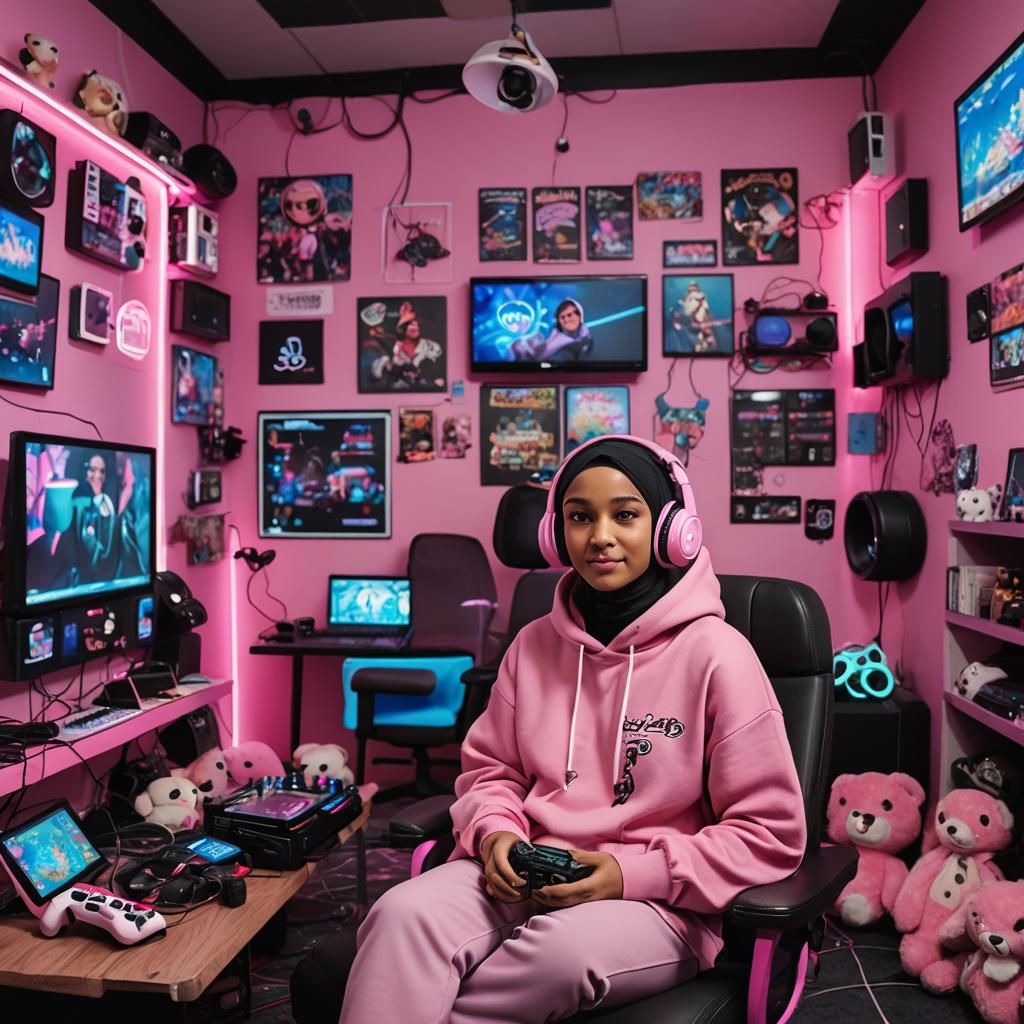 Girl Gamer in Hijab in Colorful Gaming Room