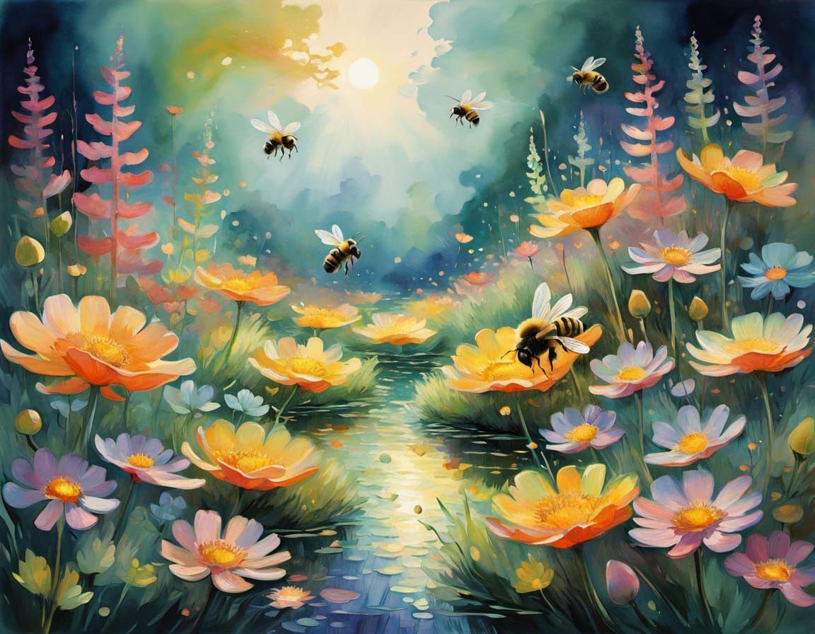 Whimsical Bees in a Vibrant Floral Wonderland