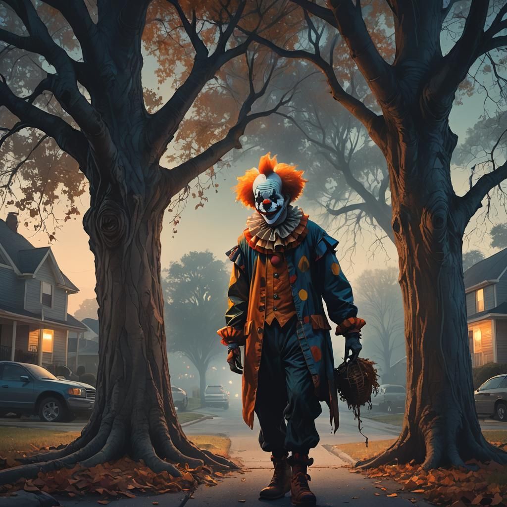 Eerie Clown Watching Boy: Dark Fantasy Concept Art