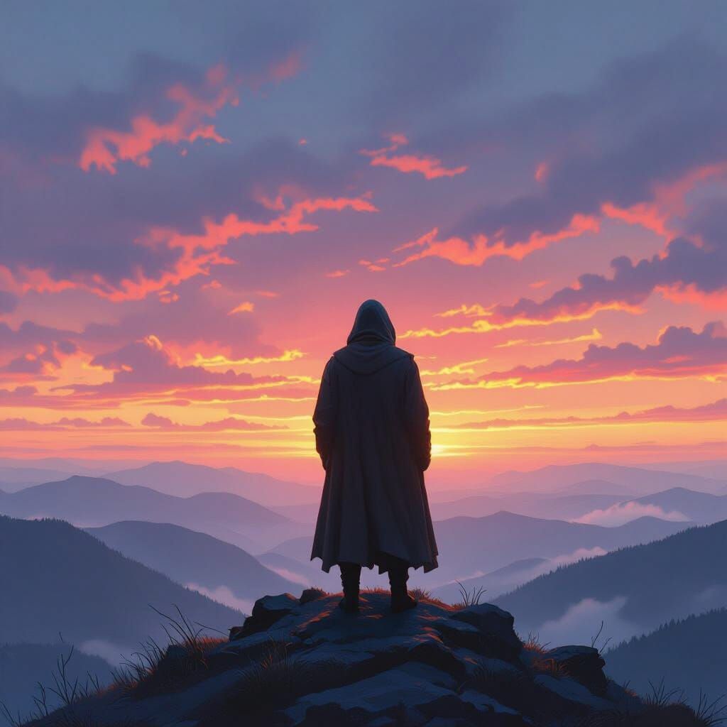 Twilight Wanderer on Misty Mountain Peak