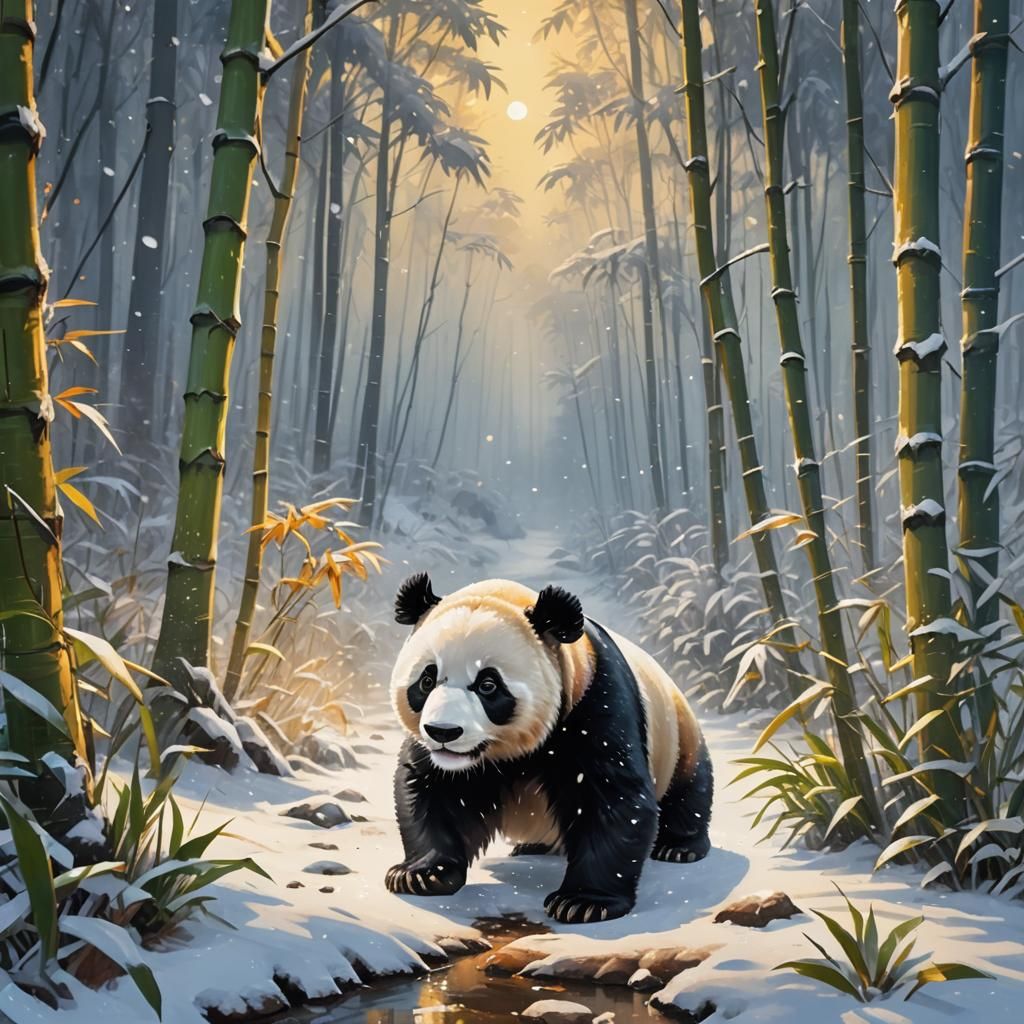 Panda Searches for Bamboo in Snowy Forest as Oil Painting