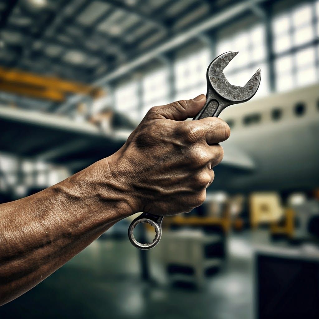 Prehistoric Man Holds Wrench in Modern Factory