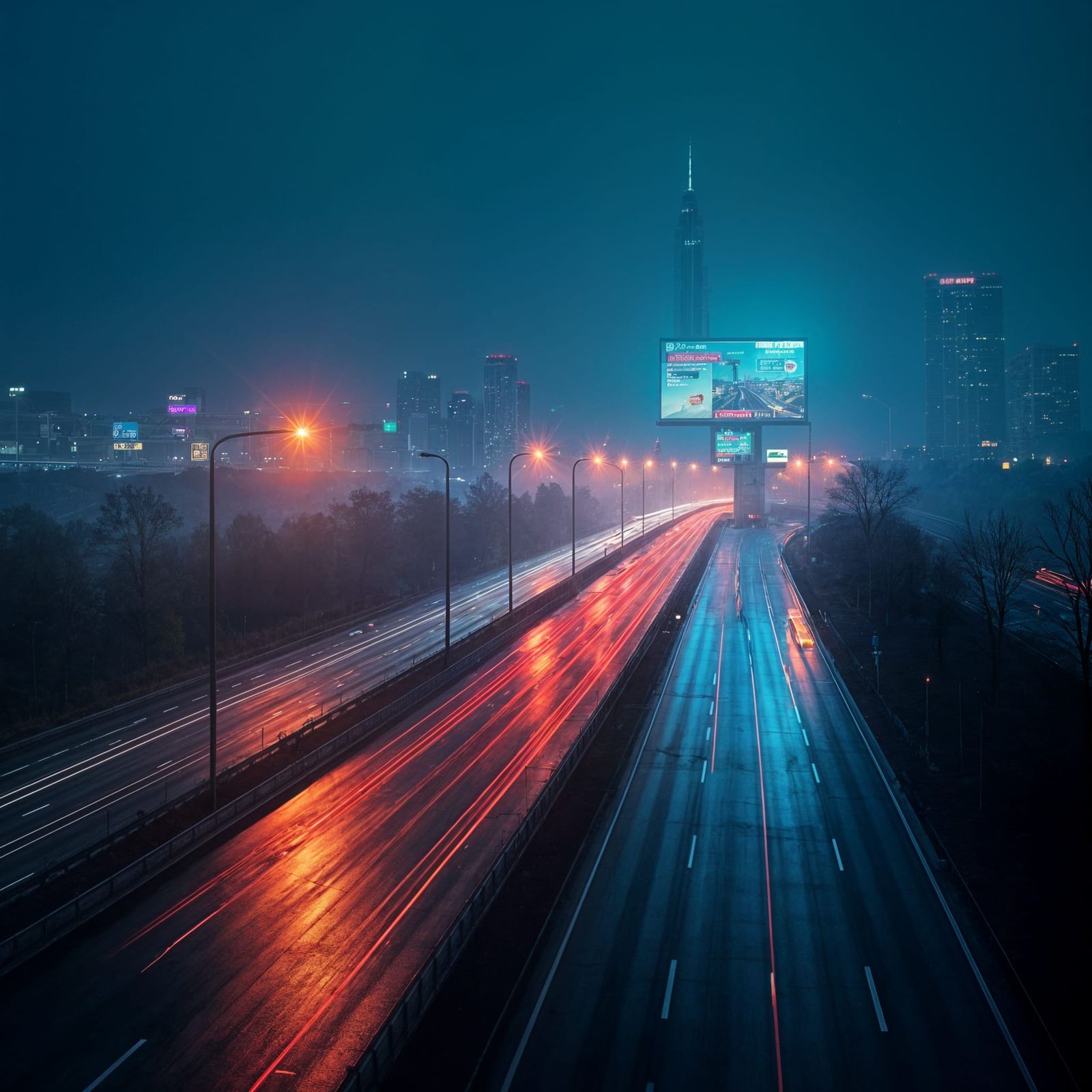 Night View of a Four-Lane Expressway Interchange